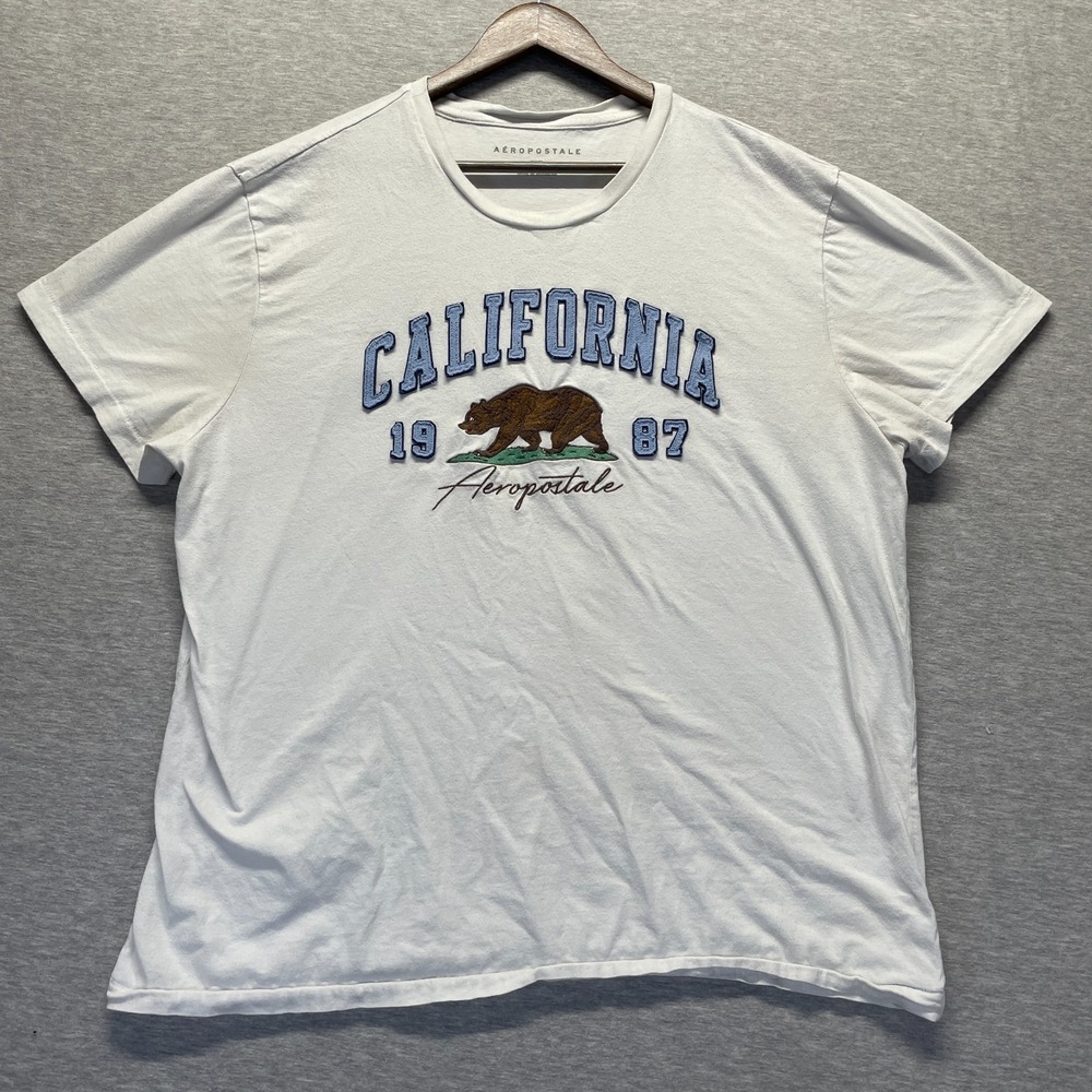 Aeropostale California T Shirt Mens 2XL White Applique Bear‎ Embroidered Cotton
